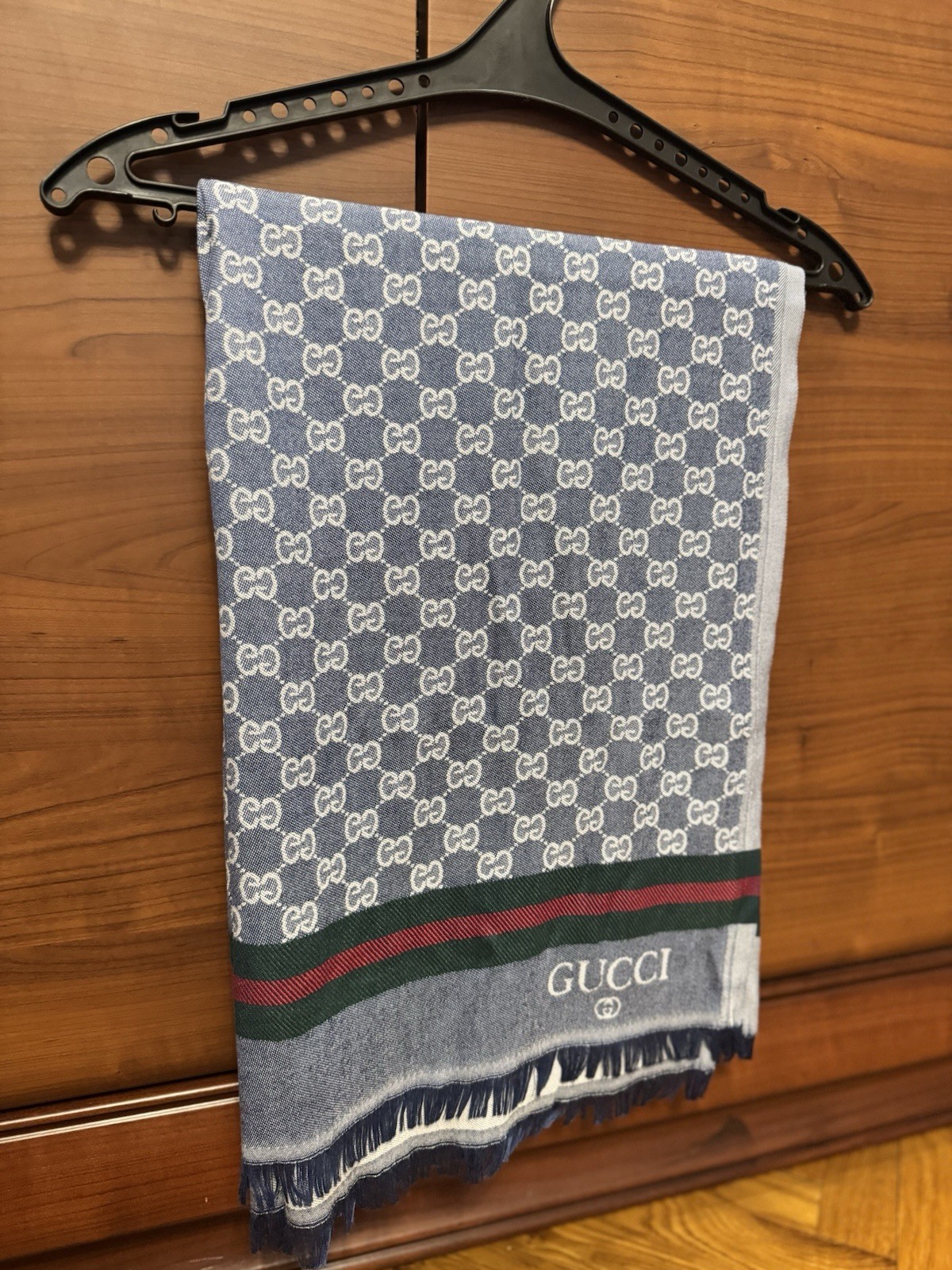 Gucci GG Double Sided Silk Scarf in Light Blue and Gray