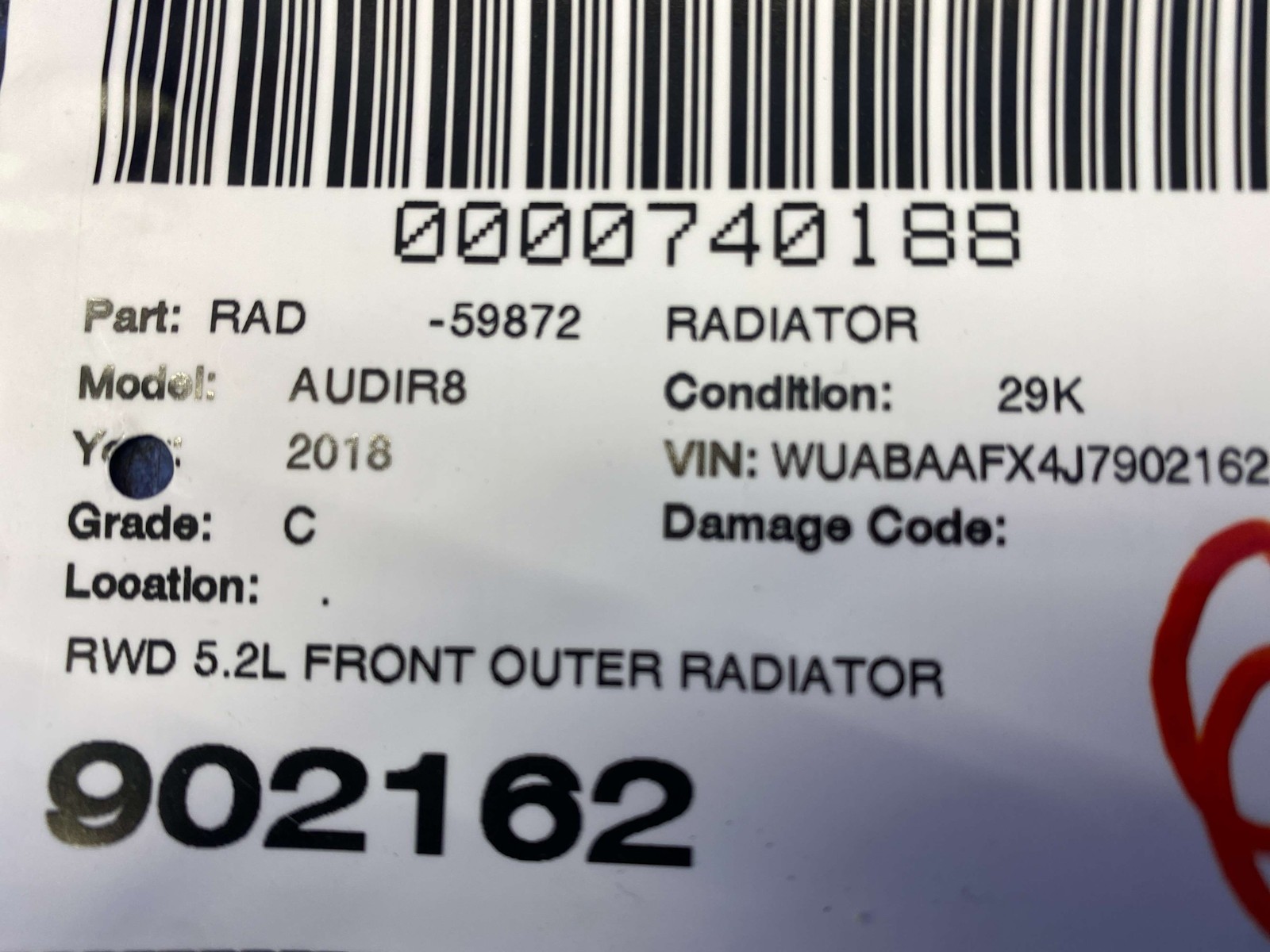 2017-2020 AUDI R8 V10 4S RWS RWD 5.2L FRONT RADIATOR AC CONDENSER SET 4S0816411A