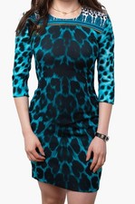 Versace Turqouise Animal Print Long Sleeve Dress Size 38
