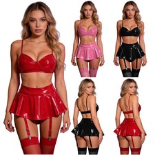 Women Sets Metallic Clubwear Party Outfit Wire-free Leather No Pad Wet Look PU