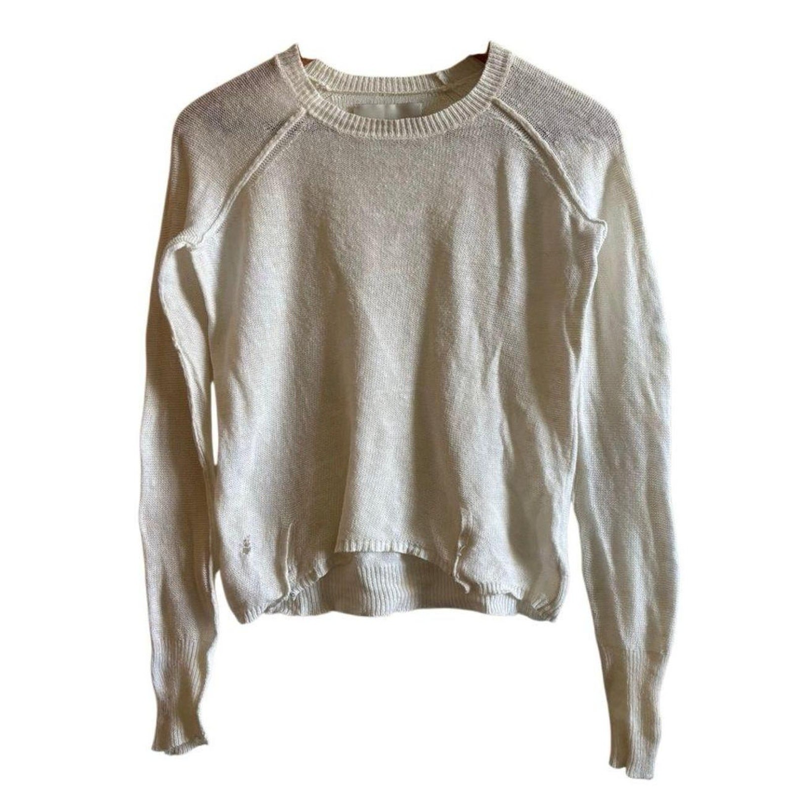 Brochu Walker Linen Cotton Distressed Sweater Small Cream Lightweight Minimalist