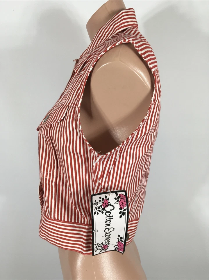 Colete jeans listrado vermelho Cotton Express vintage anos 90 Cropped Railroad novo com etiquetas tamanho P - Imagem 4 de 4