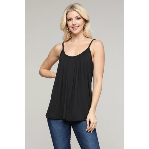 Women's Doublju Lined Black Sleeveless Pleated Chiffon Spaghetti Strap Top S/M