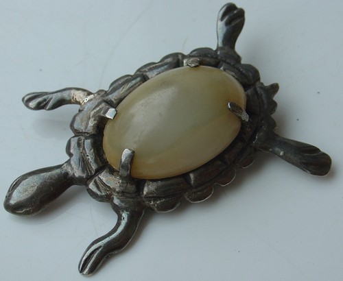 Vintage signierte Mexiko silberfarbene Gelee Bauch Schildkröte Pin Onyx Farbstein - Bild 3 von 4