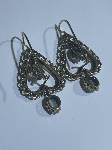 Antique 14k Yellow Gold Hearts Australian Fire Opal Dangle Earrings - Picture 5 of 15