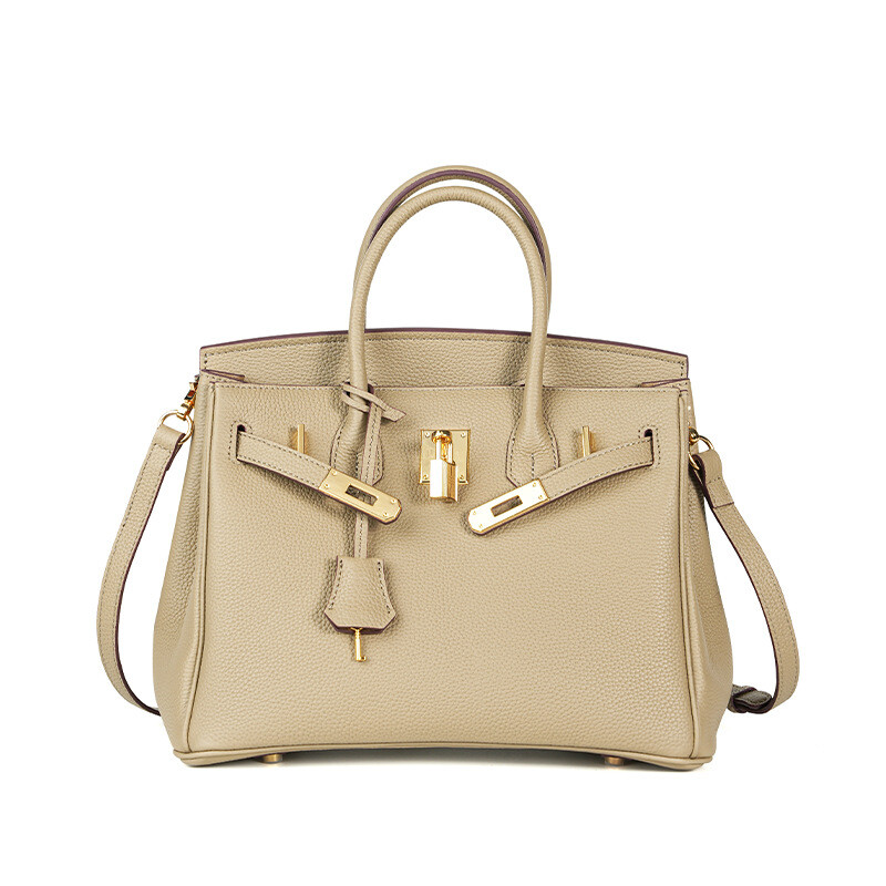 Bolso de mano informal de cuero genuino hecho a mano de platino con bloqueo