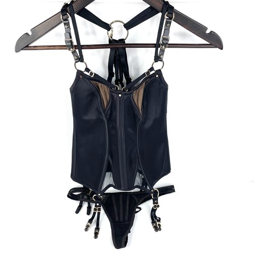 Honey Birdette Jimmy Corset Size XS & Thong Size M Lingerie Set Black Satin New - Picture 2 of 19