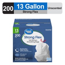 Strong Flex 13 Gallon Drawstring Tall Kitchen Trash Bags, Unscented, 200 Count