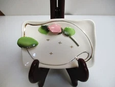 Vintage Lefton Dainty Ashtray Trinket White w Pink Applied Flower LeafLabel 1960