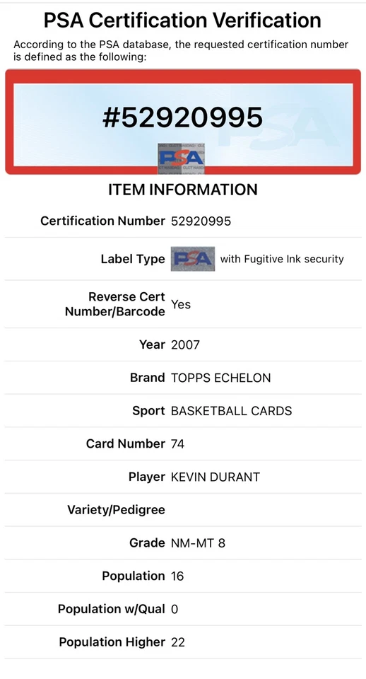 ⭐️ KEVIN DURANT 2007 TOPPS ECHELON #74 PSA 8 NM-MT RC ROOKIE CARD SP LOW POP🔥 - Image 4 of 4