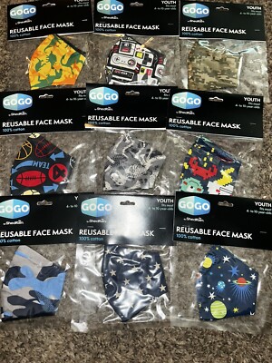 9pc- Boys  GOGO Fabric Face Mask [Size: OSFM, Ages 4-10] New/ Sealed