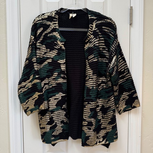 Anthropologie Moth Bari Foil-Print Metallic Camouflage Open Cardigan Sweater - Picture 3 of 14
