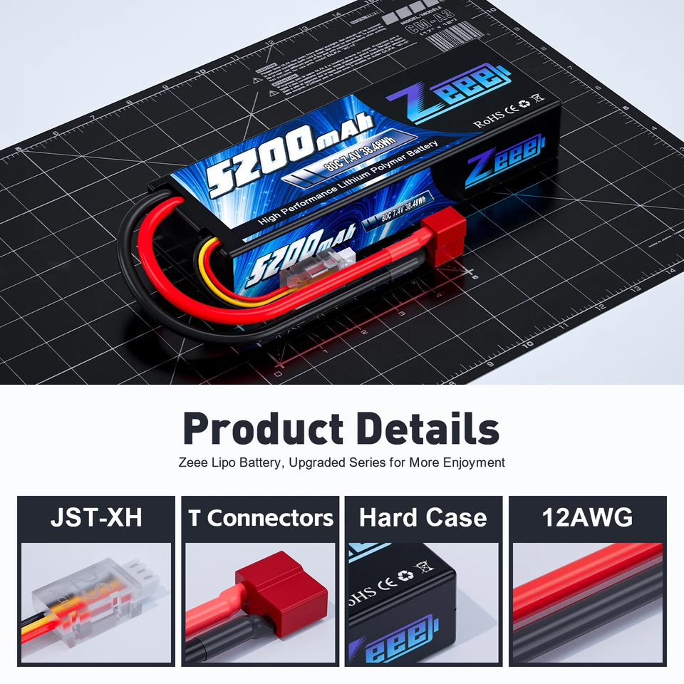 2X Zeee 2S LiPo Akku T Stecker 7.4V 5200mAh 80C Hardcase für RC Monster Truck - Bild 3 von 4