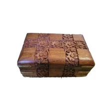 Vintage Primative Hand Carved  Wooden Box Trinket Jewelry Floral Velvet Lined 