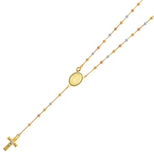 Ioka - 14K Tri Color Gold 2.5mm Beads Ball Guadalupe Crucifix Cross Pendant Char