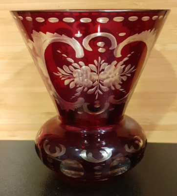 Vintage Egermann Rubinrot Schliff auf Klarglas Vase Böhmen Tschechien