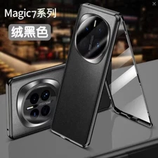 For Honor Magic7 Pro, Magnetic Metal Bumper Back Leather Front Glass Case Cover