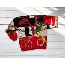 90s vintage The Eagle's Eye horse equestrian hand knit red wool cardigan sweater