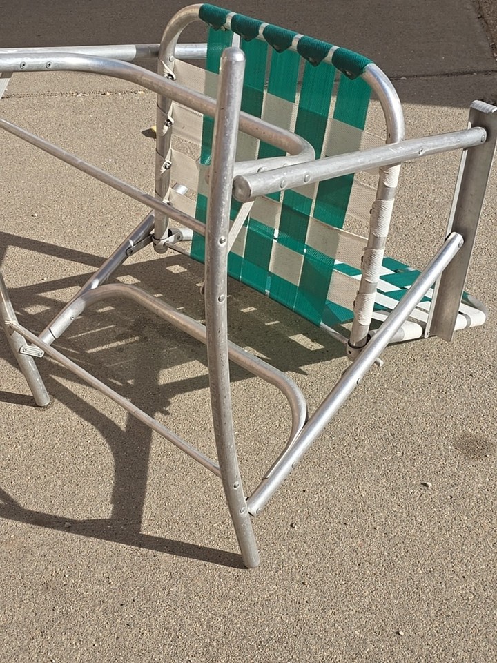 Vintage Aluminum Lawn ROCKING CHAIR Foldable Newly Webbed Green White ...