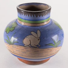 Vintage Tonala Mexican Rabbit Design Hand Burnished Vase C.1930