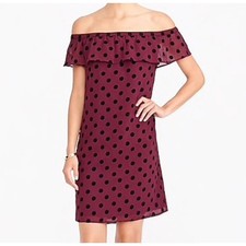 J Crew Shift Dress Womens 0 Burgundy Black Velvet Polka Dots Lined Romantic