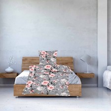 Seersucker Bettwäsche 135x200 mit RV in Grau Romantisch mit Rosen
