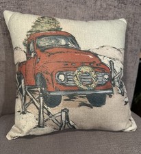 Vintage Christmas Pillow 12  x12  Red Truck Xmas Tree farm removable cover