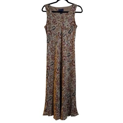 Charter Club Women Tan Brown 100% Silk Shift Dress Floral Print Sz 8 Boho Hippie