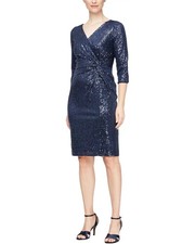Alex Evenings Sheath Sequin Dress Knot Front Detail and 3/4 Sleeves Size 16 NEW