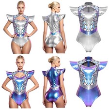 Women Alien Robot Gradient Bodysuit Performance Cosplay Mock Neck Leotard Club