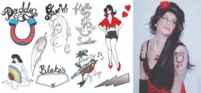 TATS Amy Winehouse Fancy Dress Pin Up Girl Sailor Tattoos, Costume Outfit Halloween