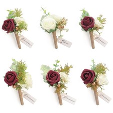 6 PCS Burgundy Ivory Foam Rose Boutonnieres Pins Men Wedding Groom Groomsmen