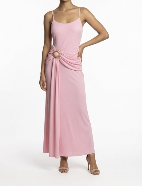 Vestido largo rosa elegante tirantes con detalle dorado fiesta noche