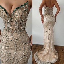 Mermaid Prom Dress with Rhinestones Sleeveless Brush Train Wedding Guest Dresses