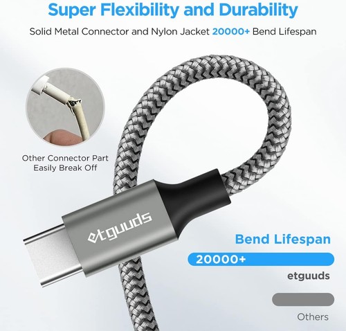 etguuds Câble USB vers C 2 pieds, Pack de 2 A Type C Chargeur Cordon Gris - Photo 5/7
