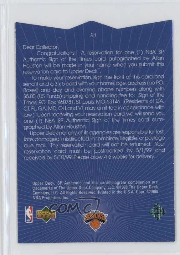 1997-98 SP Authentic Sign of the Times Trade Card Allan Houston #AH - Image 2 of 2
