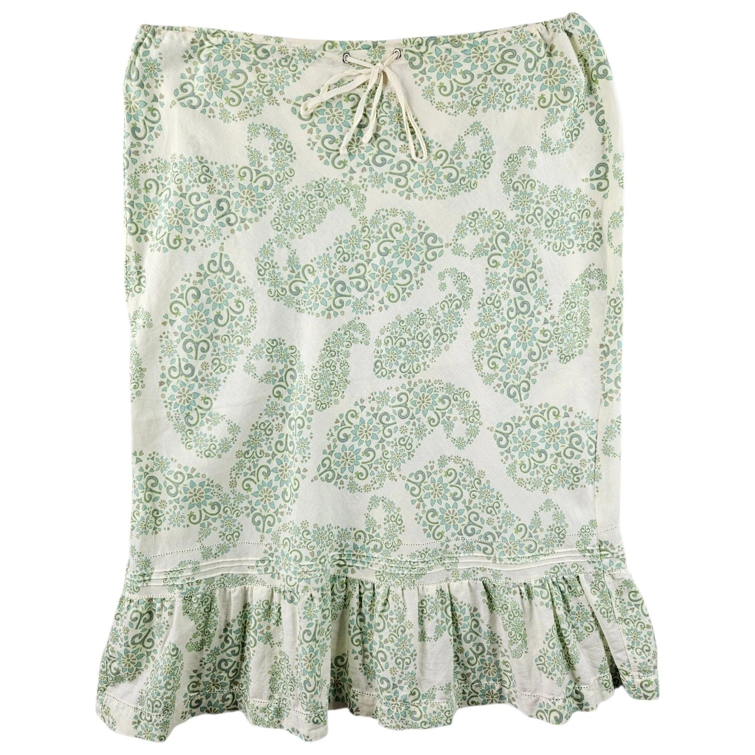 Vintage Bass Linen Skirt Floral Paisley Ruffle Hem Green White Size Large L