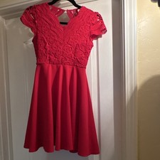 Girls Red Lace Fit Flare Knee Length Party Dress, Short Sleeve, V-Neck