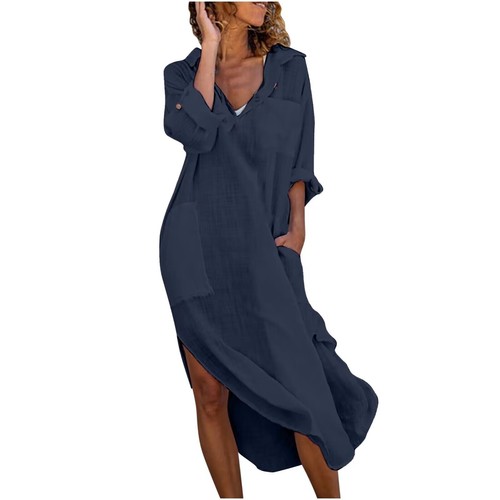 Womens Summer V Neck Solid Midi Dress Pockets Ladie Holiday Party Casual Dresses - Picture 13 of 14