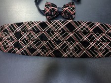 Vtg Funky Velvet Plaid Cummerbund  Bow Tie Set Black Gold Red