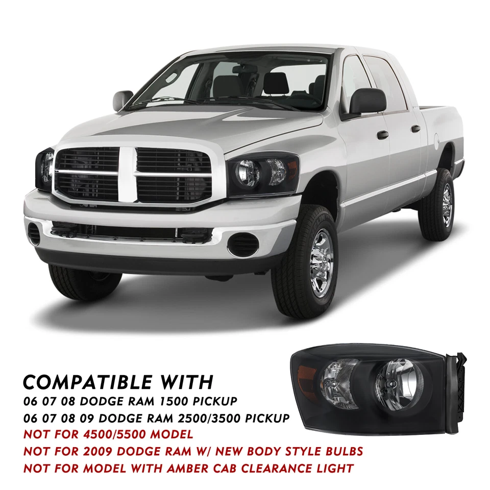 Pair Black Housing Headlights For 06-08 Dodge Ram 1500 2006-2009 Ram 2500 3500 - Изображение 4 из 4