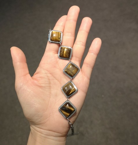 Gemstones Tiger Eye Five stones Bracelet Fashion Jewellery in Stainless steel - Picture 3 of 3