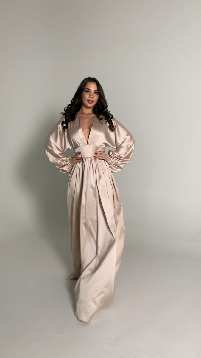 champagne satin dress long sleeve Champagne silk maxi dress for women V-neck long sleeve party wedding guest