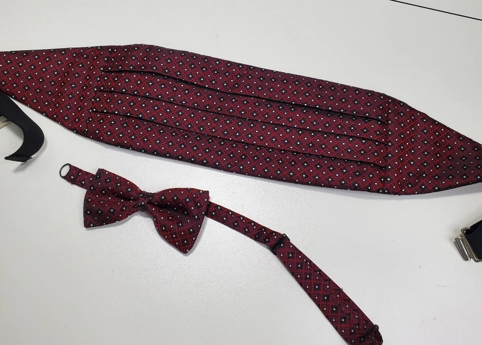 Pajarita y pajarita geométrica ajustable formal para hombre borgoña negra Foto 3 de 4