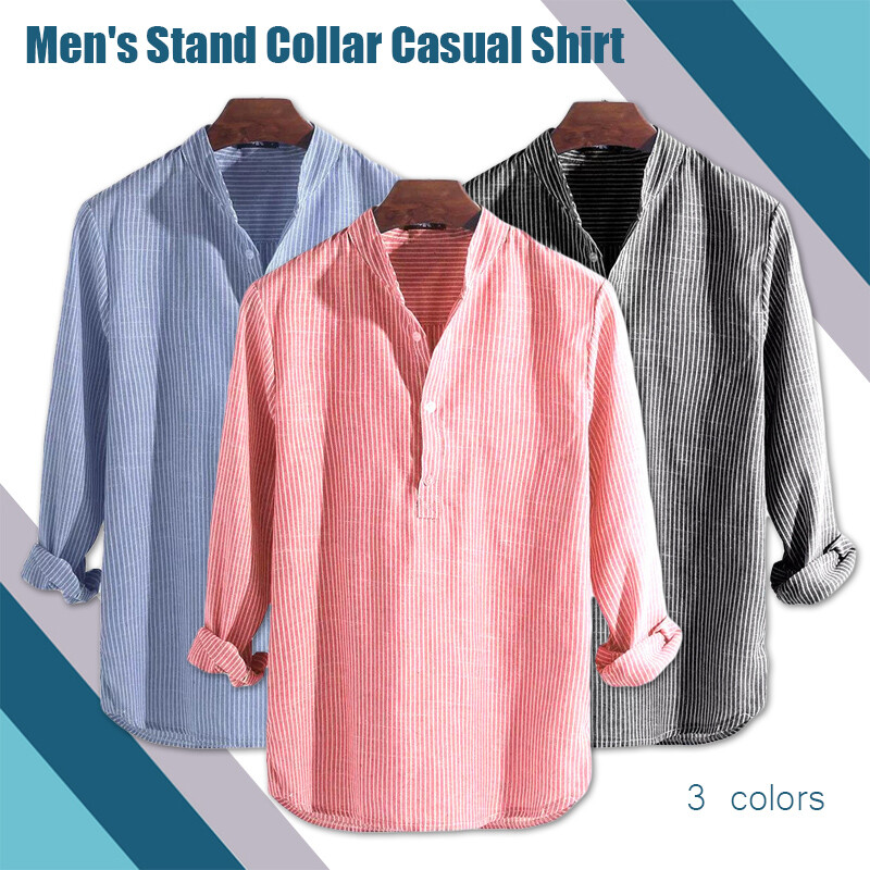 Mens Collarless Shirt Long Sleeve Striped Shirt Casual Loose