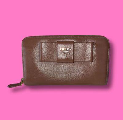 Prada Bow Zip Around Wallet Saffiano Leather Long Cammeo Beige
