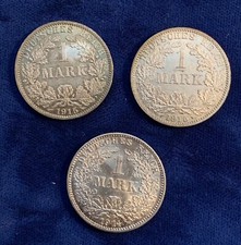 GERMANY EMPIRE  1 MARK UNCIRCULATED SILVER COINS: 1914-G, & 1915-A,  LOT OF (3)