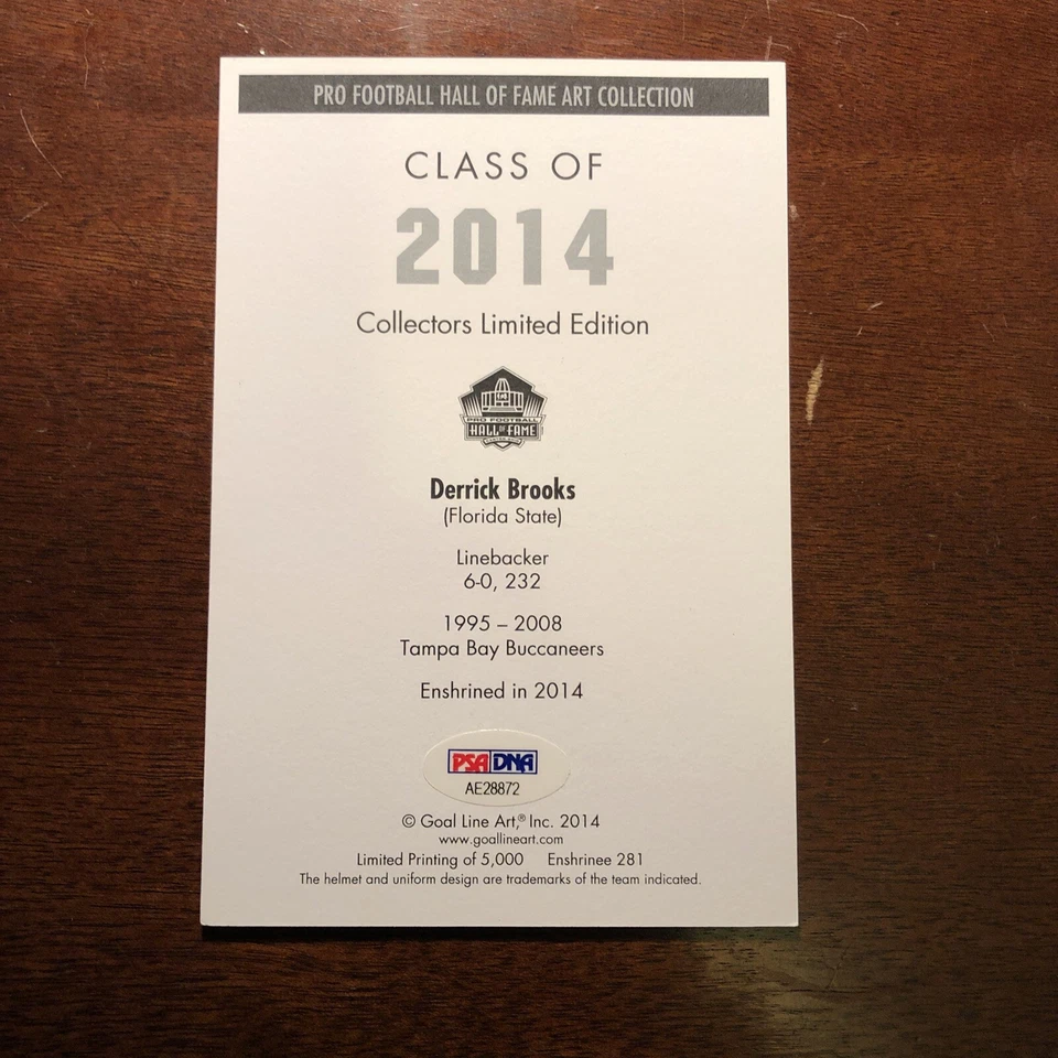 Derrick Brooks Signed TB Buccaneers Goal Line Art Card PSA/DNA AE28872 - Image 3 of 4