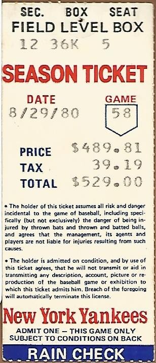 Tommy John Win #210 Mariners @ Yankees 8/29/80 Ticket Stub Bob Watson HR #164