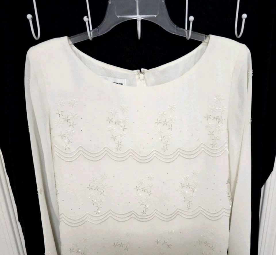 Womens After Dark Beaded LONG Sleeve Formal Dress 8 Medium Ivory Attached Top - Image 2 of 4